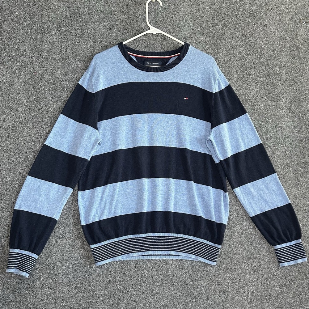Tommy Hilfiger 100% Cotton Sweater - Men's Large - Navy/Light Blue Stripe W/Logo